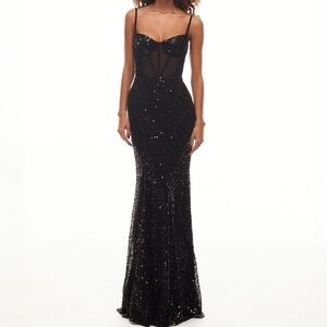 Milla Sensational Maxi Gown Sequins Semi Sheer Bodice Black NWT Size 8